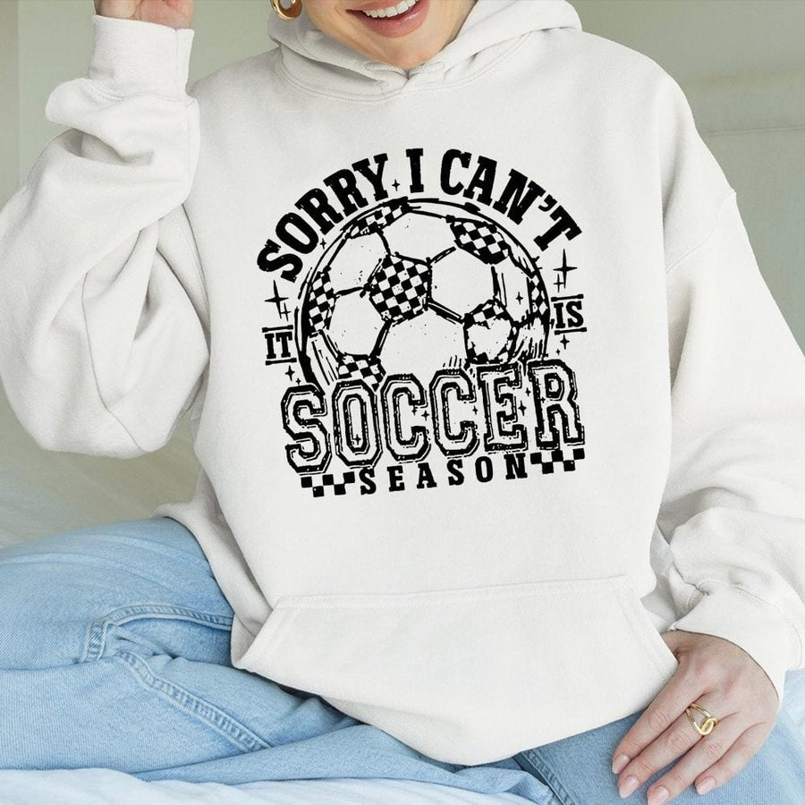 Sorry I Can't It's Soccer Season Hoodie | Retro Checkered Ball Graphic | Premium Cotton Blend | Soccer Mom Gift & Game Day Apparel