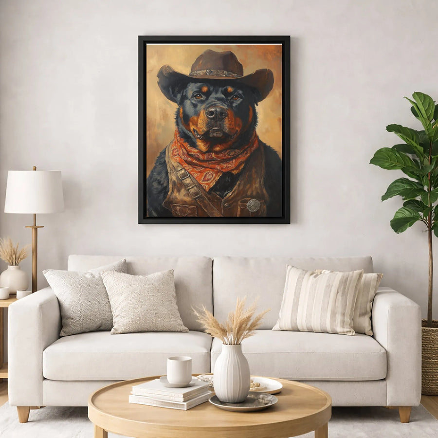 Cowboy Rottweiler Dog Portrait Canvas | Western Style Pet Wall Art | Premium Gallery Wrapped Decor | Unique Gift for Dog Lovers