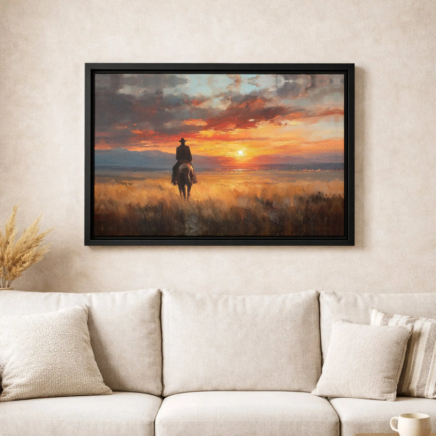 Western Cowboy Canvas Wall Art | Lone Rider Sunset Landscape | Premium Gallery Wrapped Print | Rustic Home & Office Decor Gift