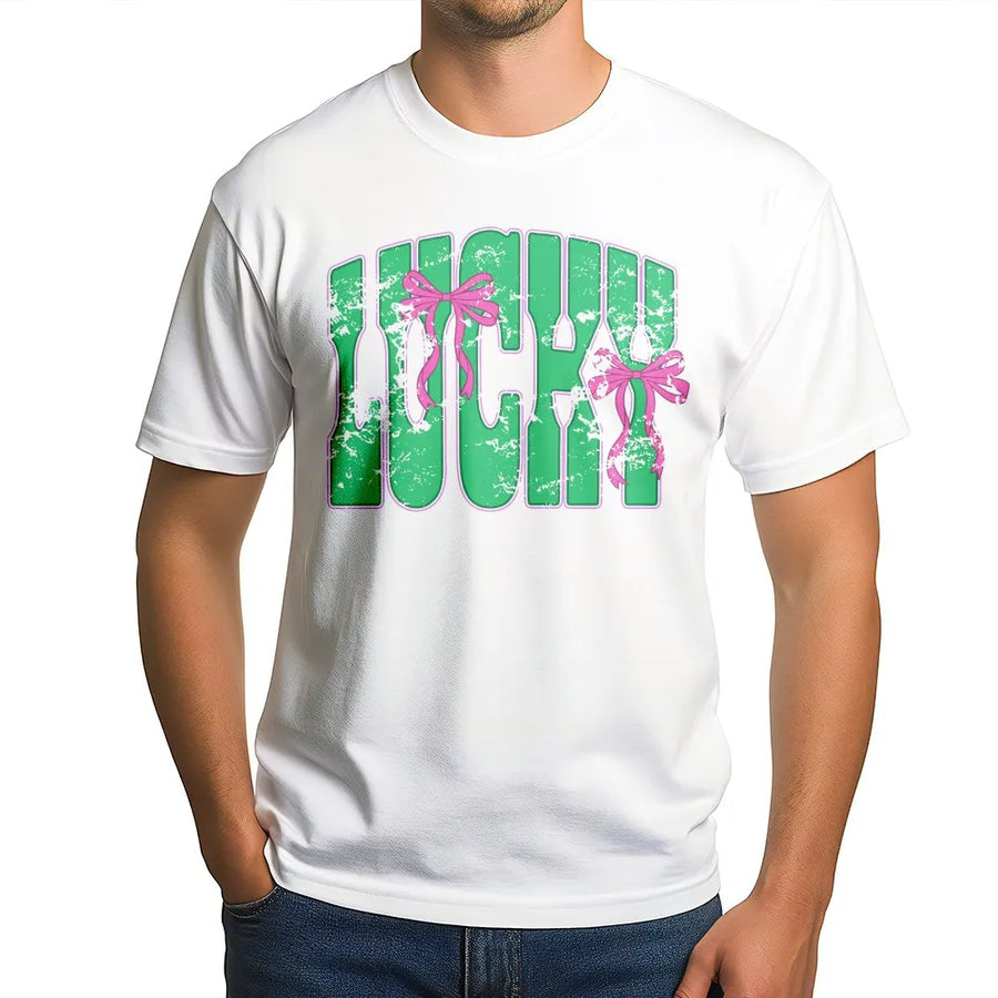 Lucky Graphic T-Shirt | Distressed Green Retro Text with Pink Bows | 100% Cotton Premium Tee | Cute St. Patrick's Day Gift for Women