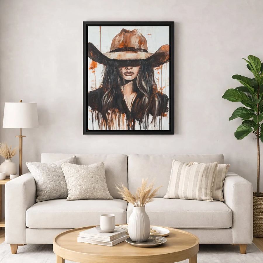 Abstract Cowgirl Canvas Art | Dripping Paint Western Portrait | Premium Gallery Wrapped Wall Decor | Southwestern Boho Home Office Gift