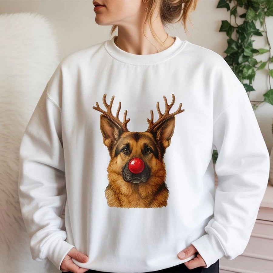 German Shepherd Christmas Sweatshirt | Reindeer Antlers Red Nose Graphic | Premium Cotton Blend | Funny Dog Lover Holiday Gift