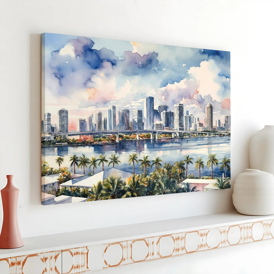 Miami Skyline Canvas Art | Watercolor Florida Cityscape with Palm Trees | Premium 1.25 Inch Gallery Wrap | Coastal Home Decor Gift