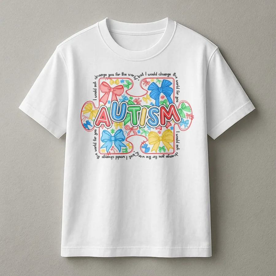 Autism Awareness Coquette T-Shirt | Retro Puzzle Bow Design | Premium Soft Cotton | Meaningful Gift for Autism Mom and Special Education Teacher