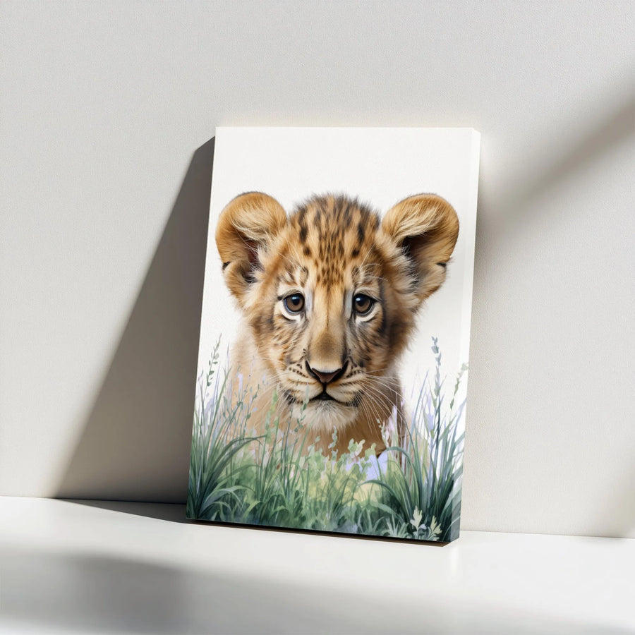 Baby Lion Cub Canvas Wall Art | Watercolor Wildlife Portrait | Premium 1.25" Gallery Wrap | Nursery Decor & Animal Lover Gift