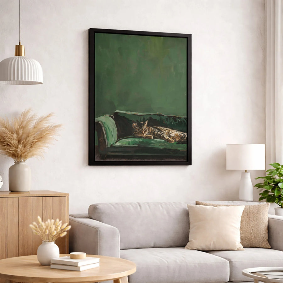 Sleeping Tabby Cat Canvas Print | Moody Green Sofa Oil Painting Style | 1.25-Inch Premium Gallery Wrap | Whimsical Animal Wall Art Gift