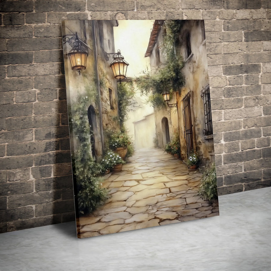 Italian Village Canvas Print | Watercolor European Alley Scene with Lanterns | Premium Gallery Wrapped Wall Art | Tuscan Inspired Home Decor Gift