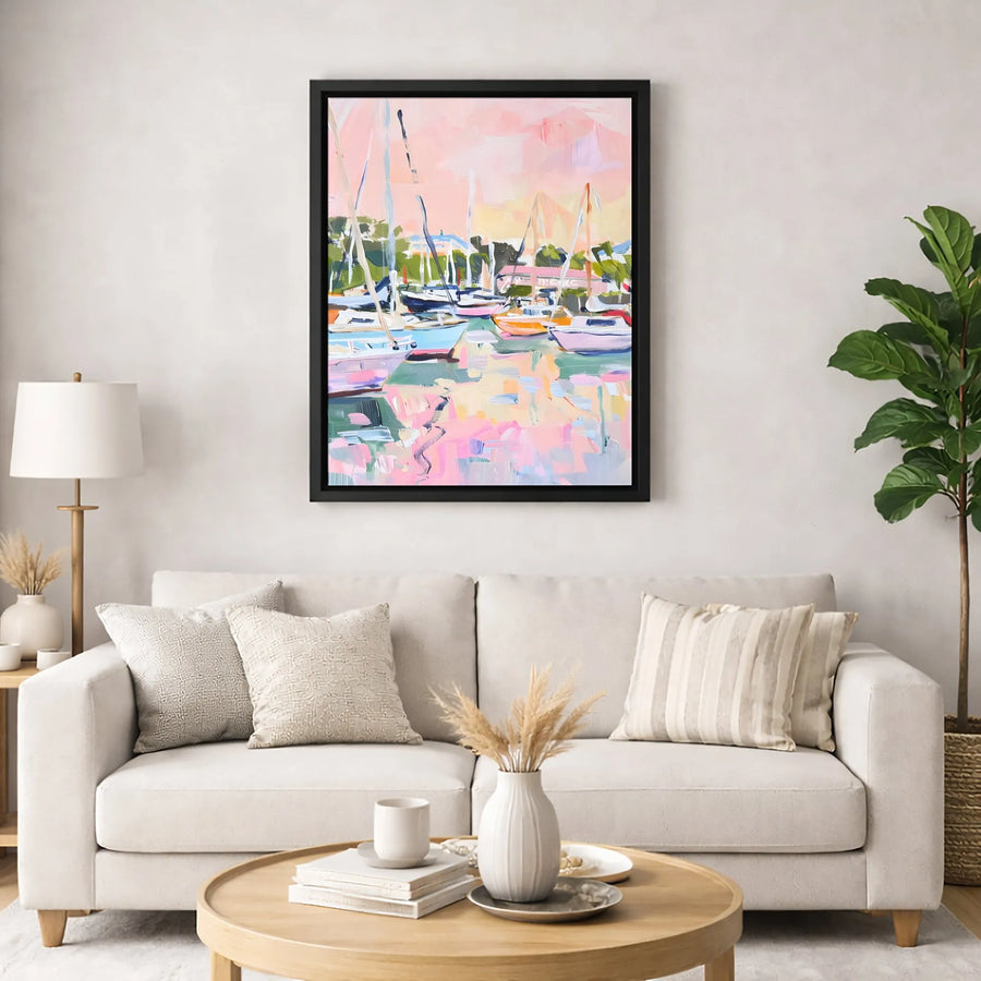 Abstract Sailboat Harbor Canvas Wall Art | Pastel Coastal Nautical Print | Premium Gallery Wrap Decor | Beach House Living Room Gift