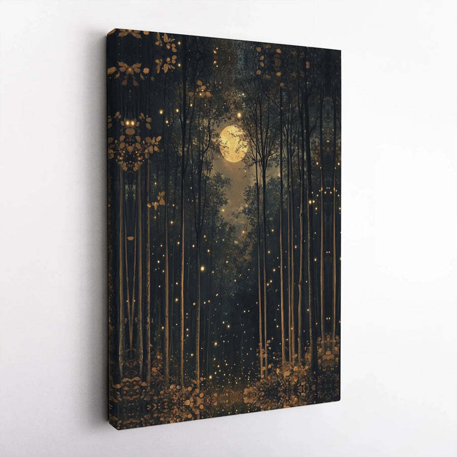 Enchanted Forest Canvas Print | Full Moon & Firefly Night Sky | Premium Gallery Wrapped Canvas | Mystical Bedroom Wall Decor Gift