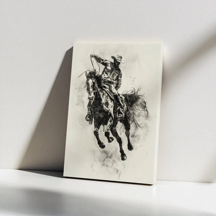 Western Cowboy Horse Canvas Wall Art | Graphite Sketch Rodeo Drawing | Premium 1.25-Inch Gallery Wrap | Rustic Home Decor Gift For Him
