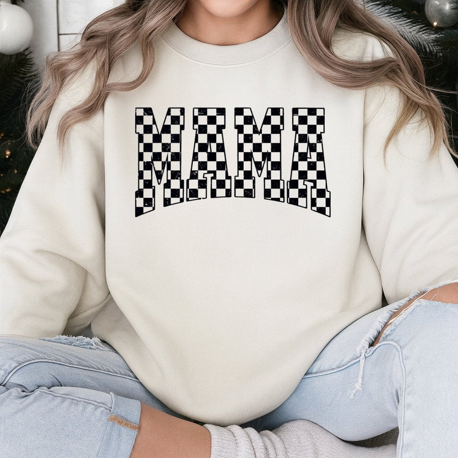 Mama Sweatshirt | Retro Checkered Varsity Font | Soft Cotton Blend | Trendy Gift for Mom New Mom Birthday Gift