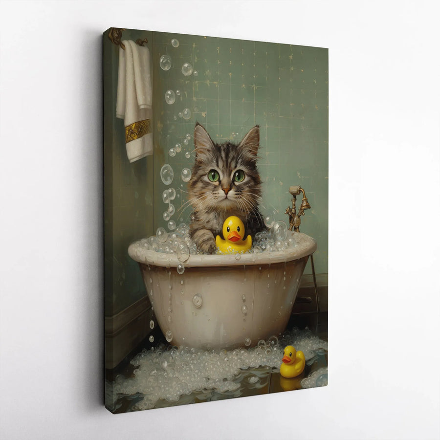 Cute Cat in Bathtub Vertical Canvas | Whimsical Bathroom Art with Rubber Duck | Premium Canvas Print | Gift for Cat Lover & Kids Room Decor