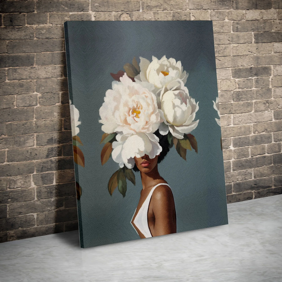 Black Woman Surrealist Canvas Art | White Peony Floral Portrait | Premium Gallery Wrapped Print | Modern Minimalist Home Decor Gift