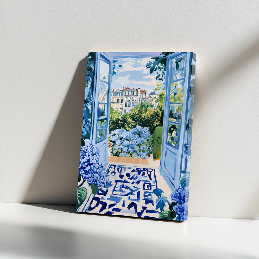 French Window Canvas Wall Art | Blue Hydrangea Parisian Balcony View | Premium Thick Gallery Wrap | French Country Home Decor Gift