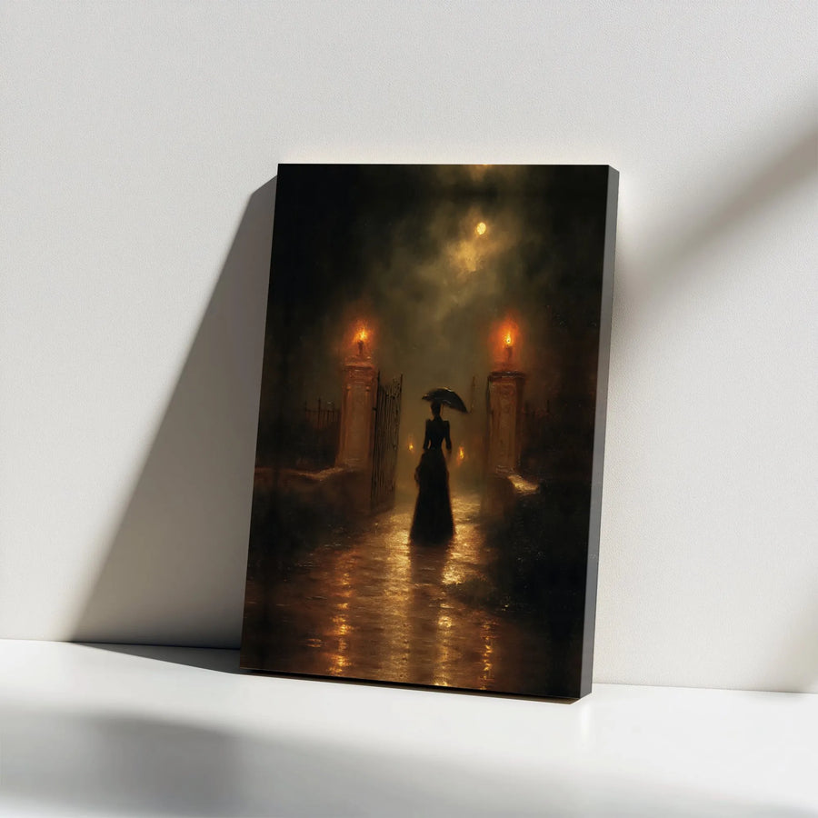 Gothic Victorian Wall Art | Moody Rainy Night Landscape Canvas | Premium Gallery Wrap Decor | Dark Academia Aesthetic Gift for Her