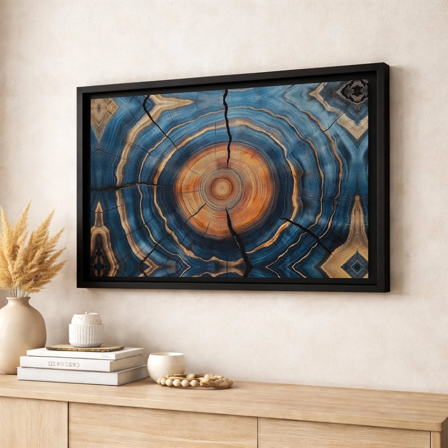 Abstract Tree Rings Wall Art | Blue and Gold Wood Cross Section Print | Premium Gallery Wrapped Canvas | Modern Home Office Decor Gift