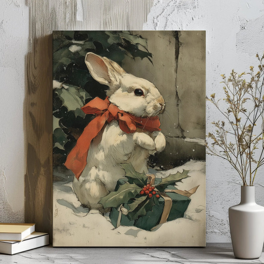 Vintage Christmas Rabbit Canvas | Red Bow & Holly Winter Art | Gallery Wrap 1.25 inch | Festive Farmhouse Holiday Home Decor Gift