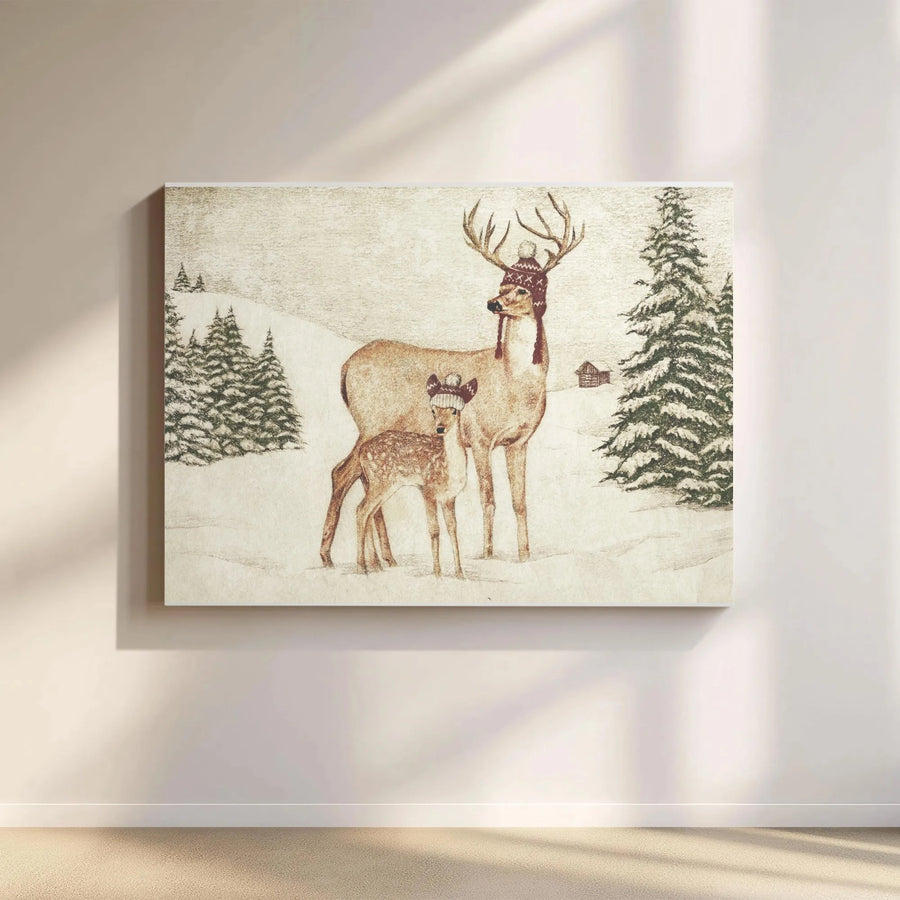 Winter Deer Canvas Wall Art | Whimsical Woodland Scene with Deer in Knit Hats | Premium Fade-Resistant Print | Rustic Cabin Holiday Decor Gift