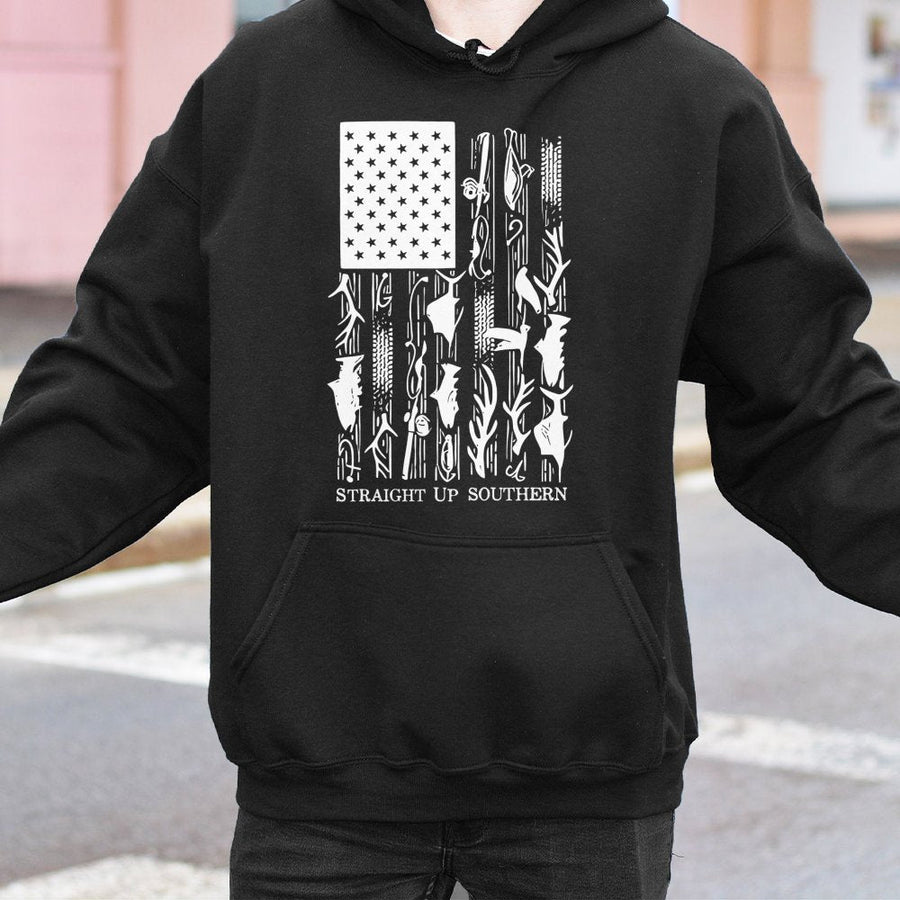 American Flag Fishing Hoodie | Outdoorsman Patriotic Wildlife Graphic | Premium Cotton Blend | Gift for Fisherman & Southern Pride Fans