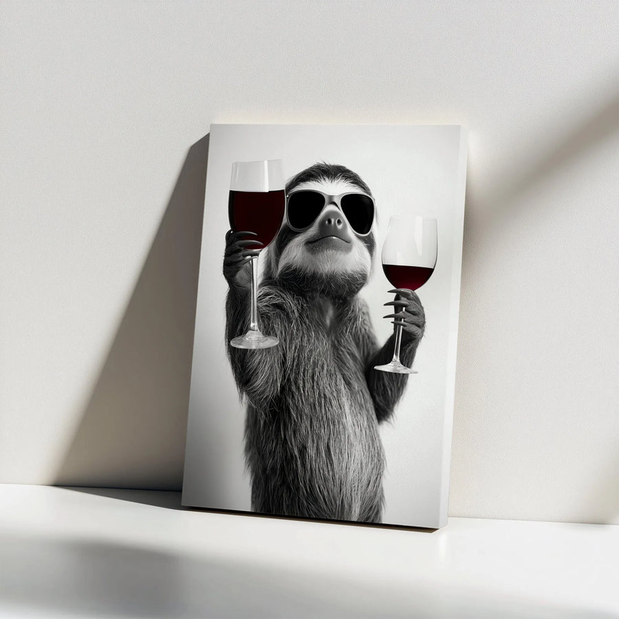 Funny Sloth Wall Art | Retro Sunglasses Drinking Red Wine | Premium Gallery Wrap Canvas | Unique Home Decor Gift for Wine Lovers