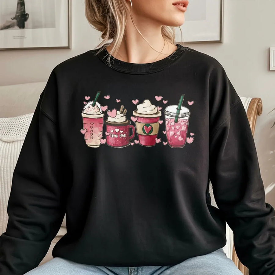 Valentines Day Coffee Sweatshirt | Cute Heart Love Graphic | Premium Cotton Blend | Romantic Gift For Her Women