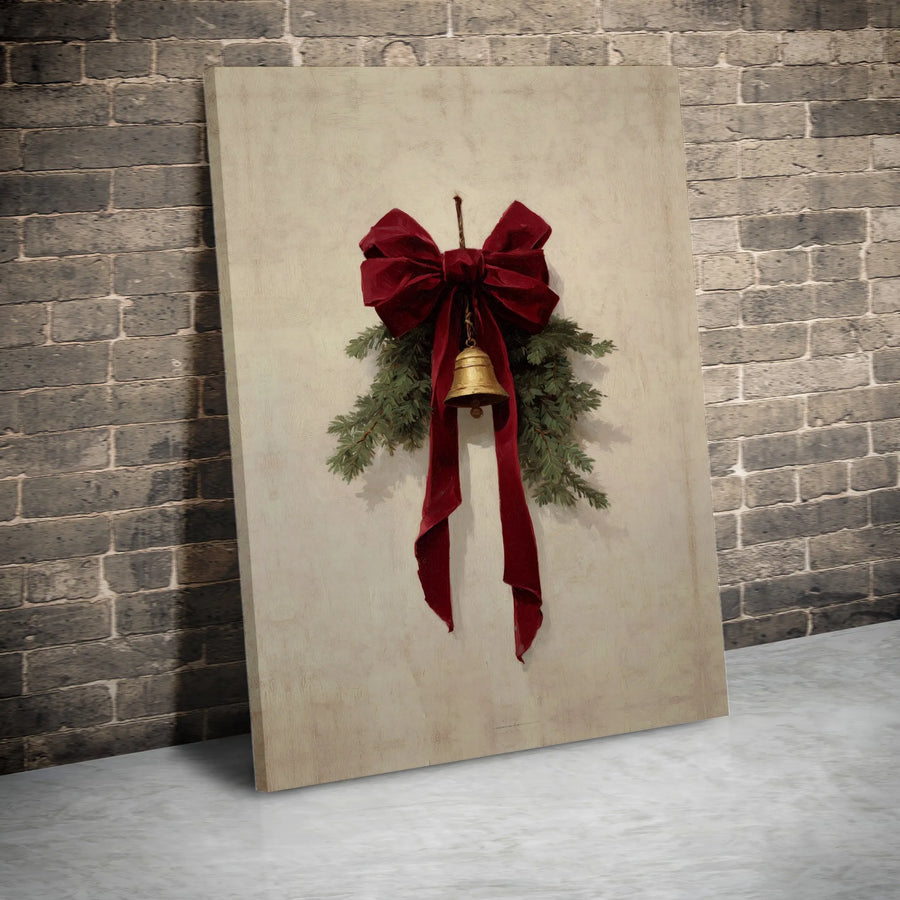 Christmas Jingle Bell Wall Art | Rustic Red Velvet Bow Pine Branch Print | Gallery-Quality 1.25" Framed Canvas | Cozy Holiday Home Decor Gift