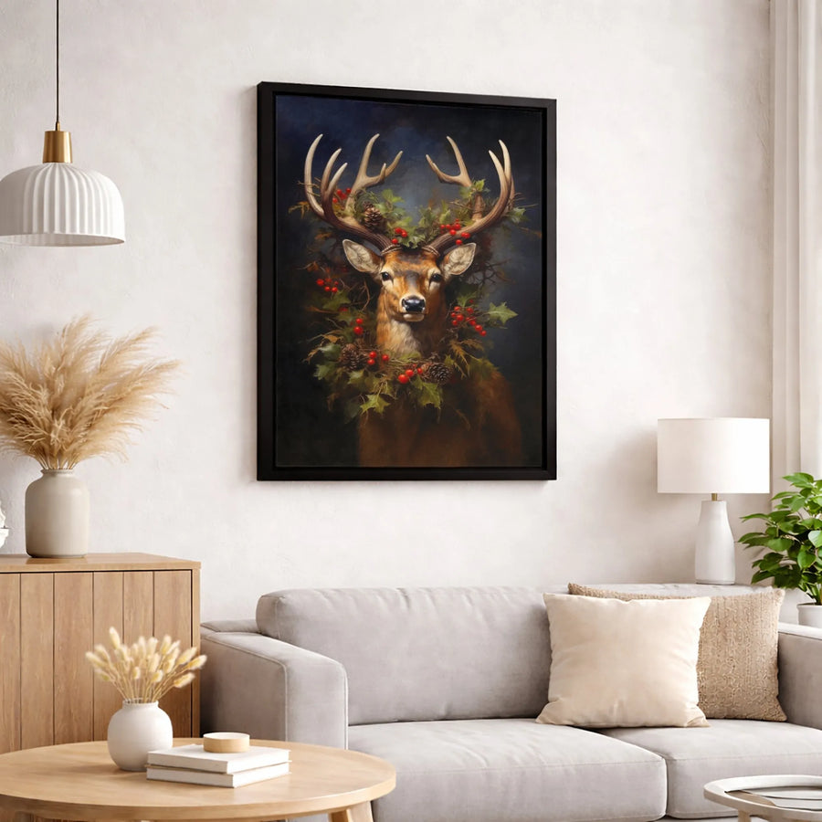 Majestic Deer Christmas Wall Art | Holly and Pine Cone Wreath Canvas | Premium Gallery Wrapped Print | Holiday Home Decor Gift