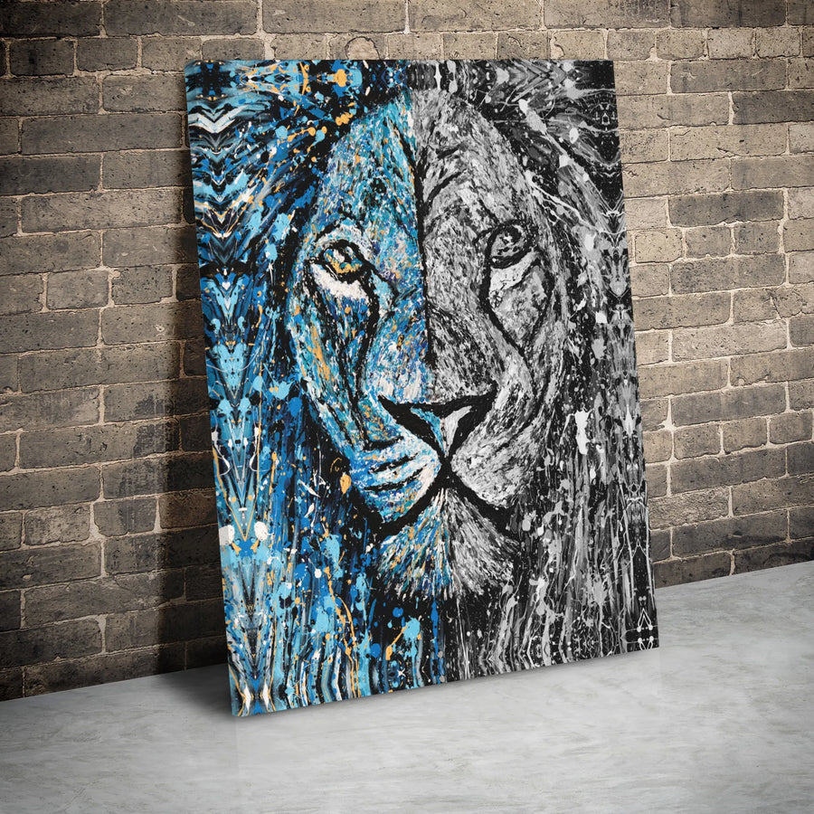 Abstract Lion Canvas Wall Art | Blue and Black Split Face Print | Premium Gallery Wrap Decor | Modern Animal Portrait for Home or Office Gift