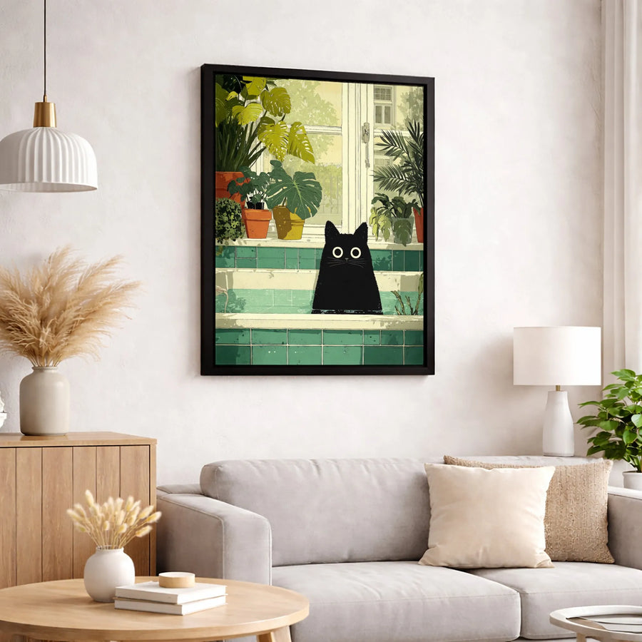 Black Cat in Bathtub Wall Art | Whimsical Botanical Bathroom Decor | Premium Gallery Wrap Canvas | Unique Gift for Cat Lovers