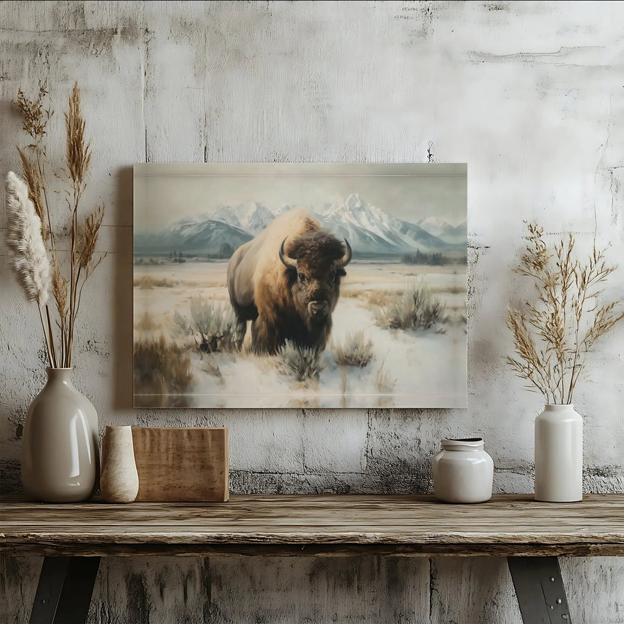 Majestic American Bison Horizontal Canvas | Rustic Winter Buffalo Mountain Landscape Art | Premium 1.25” Gallery Wrap Print | Nature Lover Cabin Decor Gift