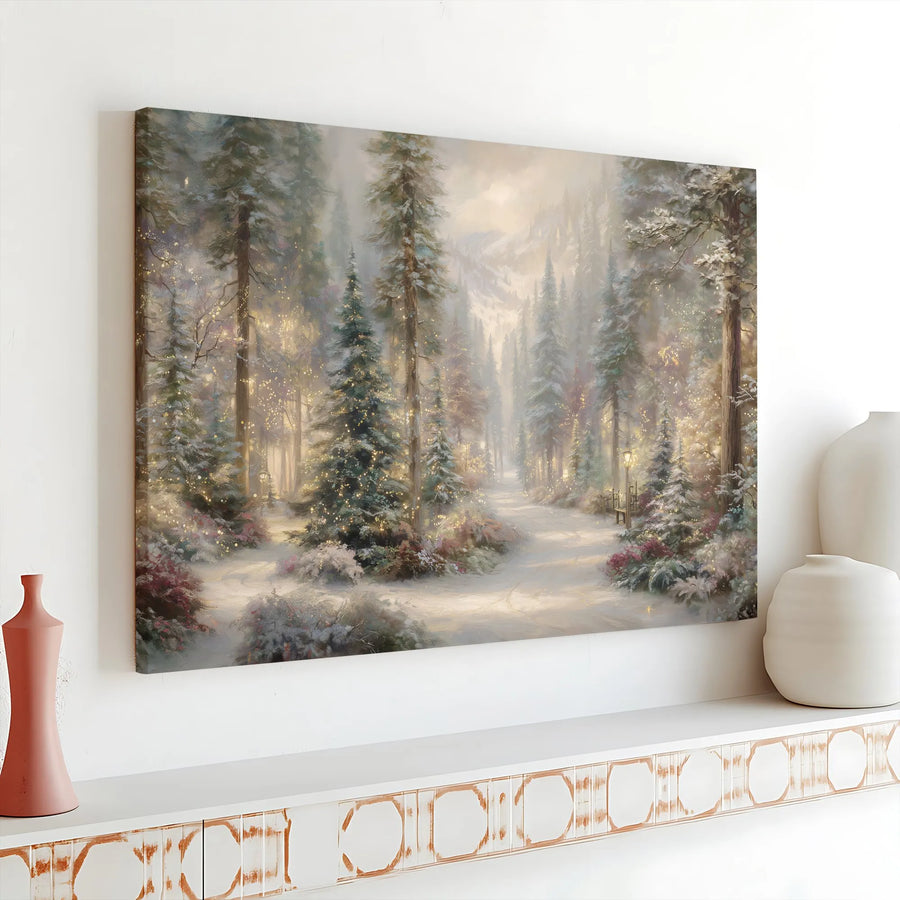 Winter Forest Canvas Wall Art | Enchanted Snow Covered Path Print | Gallery Wrapped Premium Decor | Holiday Seasonal Gift for Home Interior