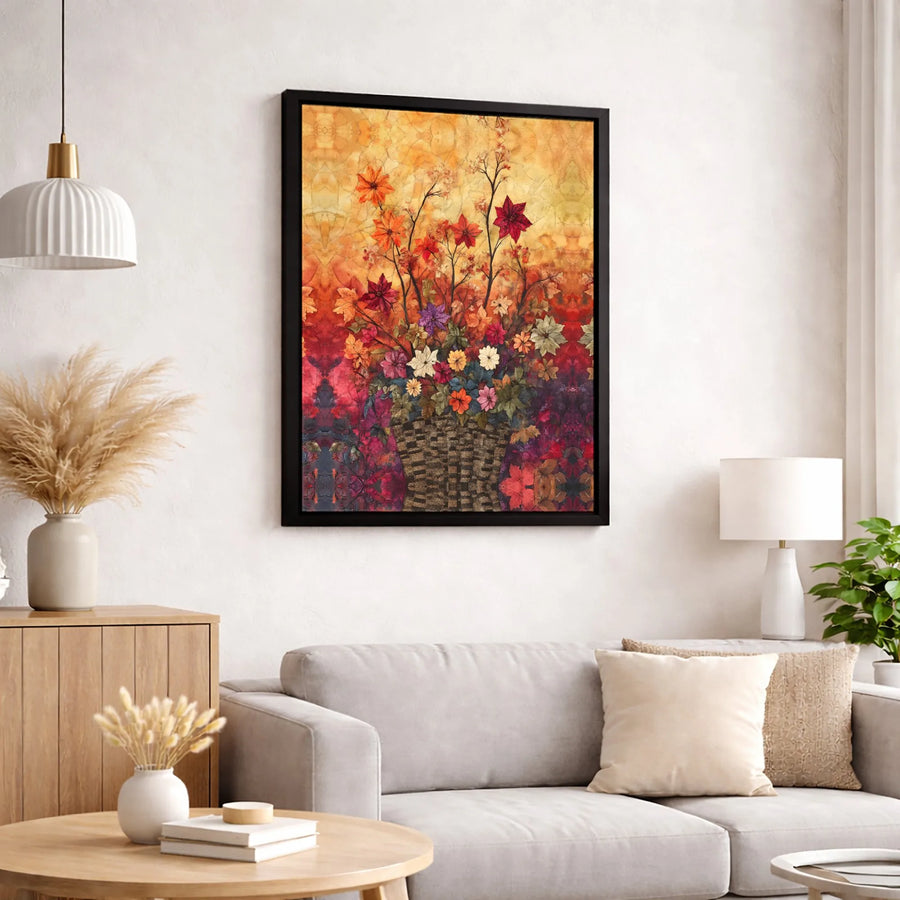Autumn Floral Canvas Wall Art | Vibrant Fall Flower Bouquet in Basket | Premium Fade-Resistant Print | Rustic Farmhouse Home Decor