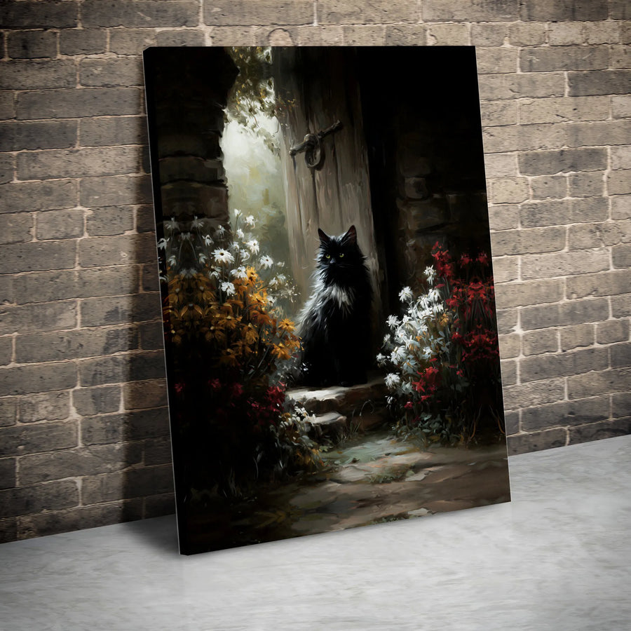 Black Cat Canvas Wall Art | Whimsical Floral Garden Doorway Print | Premium Gallery Wrapped Decor | Gift for Cat Lovers & Home Interior