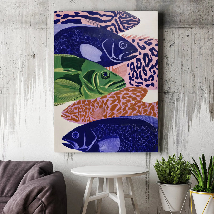 Modern Fish Canvas Wall Art | Vibrant Pop Art Fish Pattern | Premium Gallery Wrapped Canvas | Modern Coastal Home Decor Gift