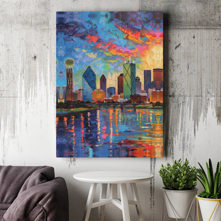 Dallas Texas Skyline Wall Art | Colorful Impasto Reunion Tower Canvas | 1.25" Premium Gallery Wrapped Print | Modern Cityscape Home Decor Gift