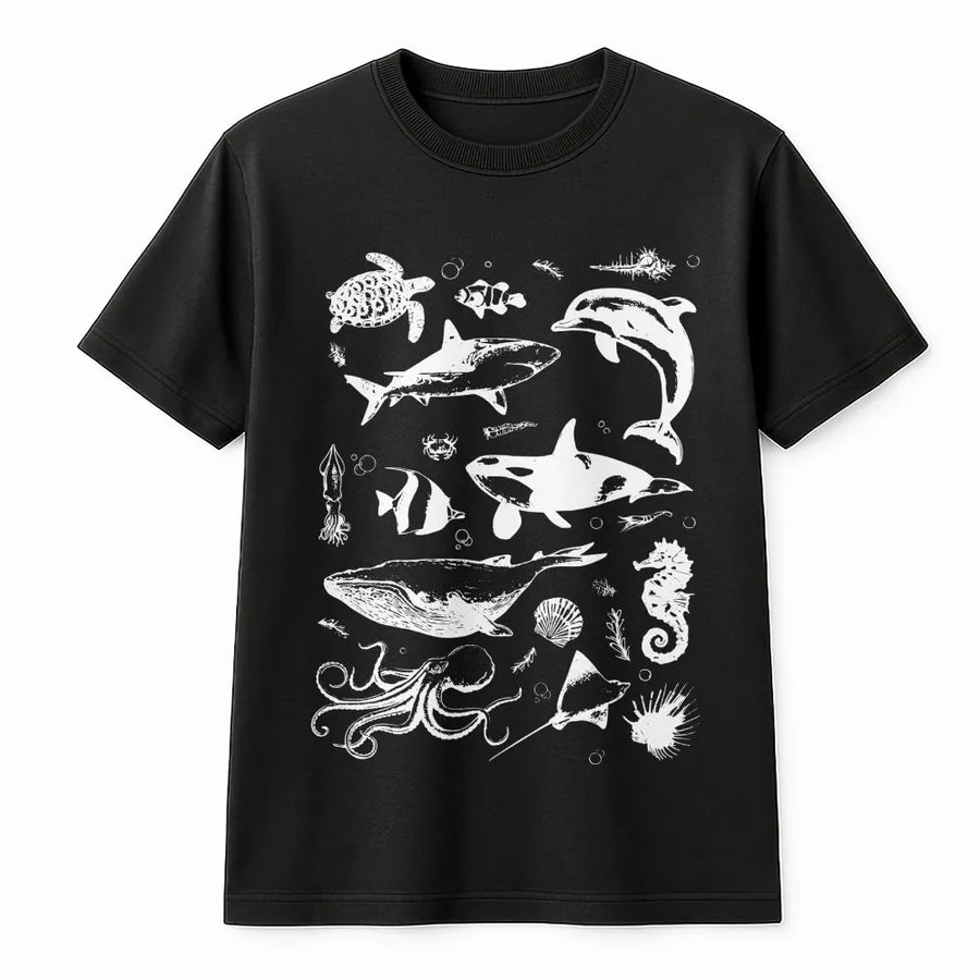 Ocean Animals T-Shirt | Vintage Marine Life Tattoo Graphic | Premium Cotton Blend | Gift for Ocean Lover