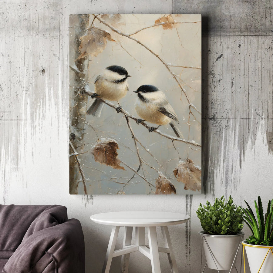 Winter Chickadee Birds Canvas Wall Art | Snowy Branch Painting Print | Premium Frameless Canvas | Rustic Nature Decor Gift for Bird Lover