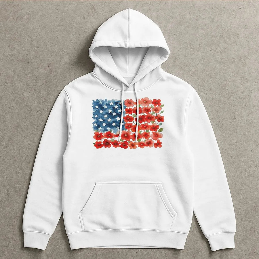 Floral American Flag Hoodie | Watercolor Patriotic Flower Design | Premium Cotton Blend | Unisex 4th of July Gift for Her