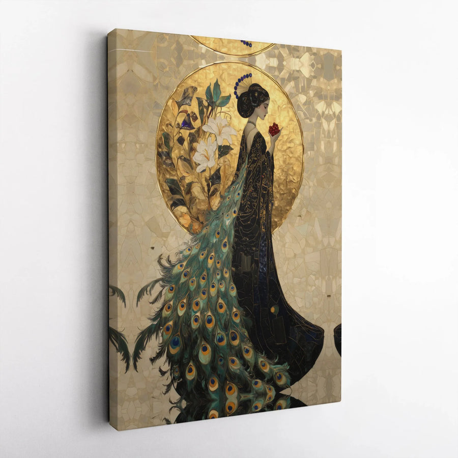 Art Nouveau Woman With Peacock Dress Canvas | Gold Halo Floral Wall Art | Gallery-Quality 1.25-Inch Profile | Premium Home Decor Gift