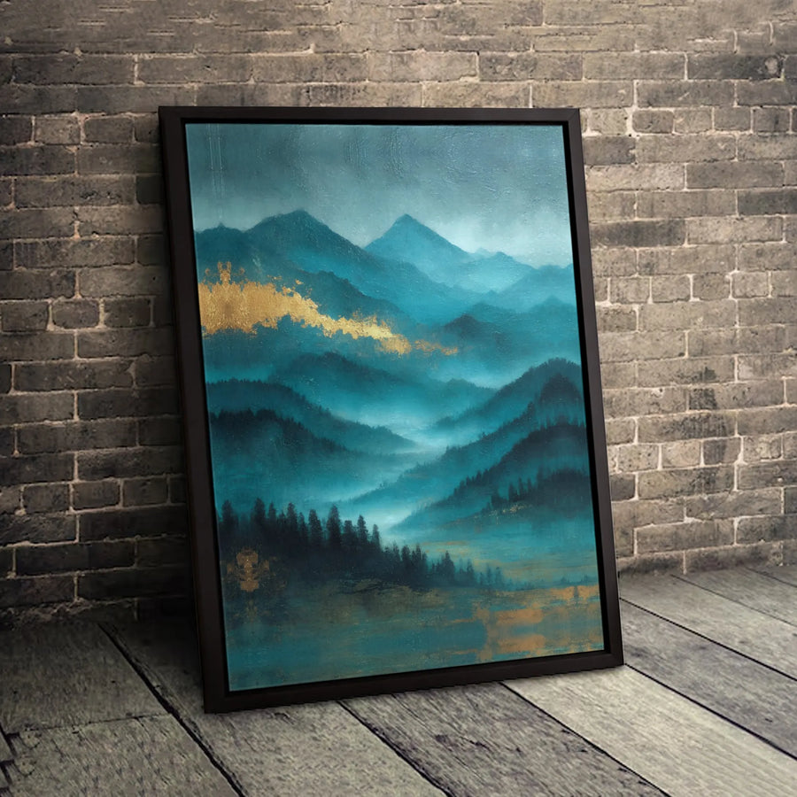 Teal and Gold Mountain Canvas Wall Art | Foggy Forest Abstract Landscape Print | Premium 1.25 Inch Gallery Wrap | Modern Home Decor Gift