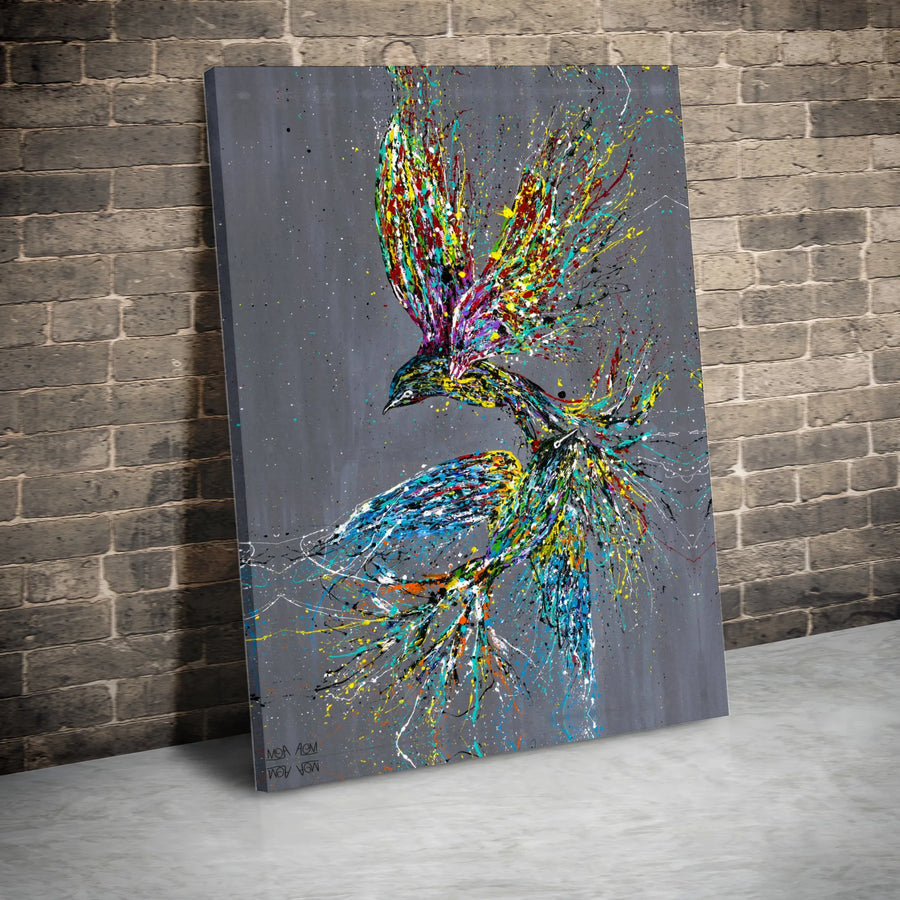 Abstract Bird Canvas Wall Art | Colorful Splatter Paint Modern Painting | Gallery Quality Wrapped Canvas | Large Living Room Decor Gift