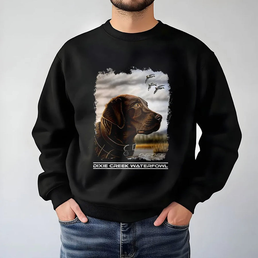 Chocolate Lab Sweatshirt | Hunting Dog Duck Retriever Graphic | Premium Cotton Blend | Gift for Duck Hunter and Outdoorsman