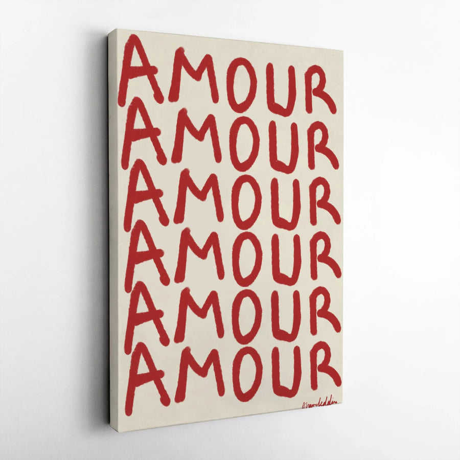 Amour Wall Art Print | Romantic Handwritten Red Typography | Gallery Quality Canvas | French Inspired Home Decor Gift