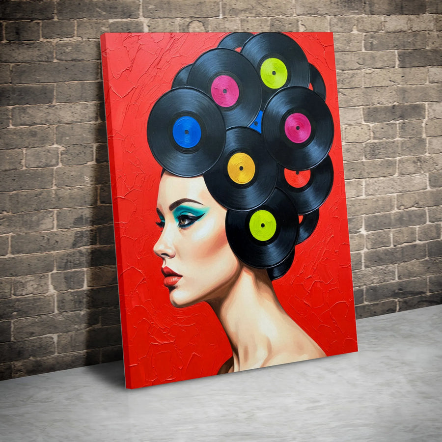Vinyl Record Canvas Print | Retro Pop Art Woman Portrait | Thick Gallery Wrapped Wall Art | Premium Gift for Music Lover & DJ