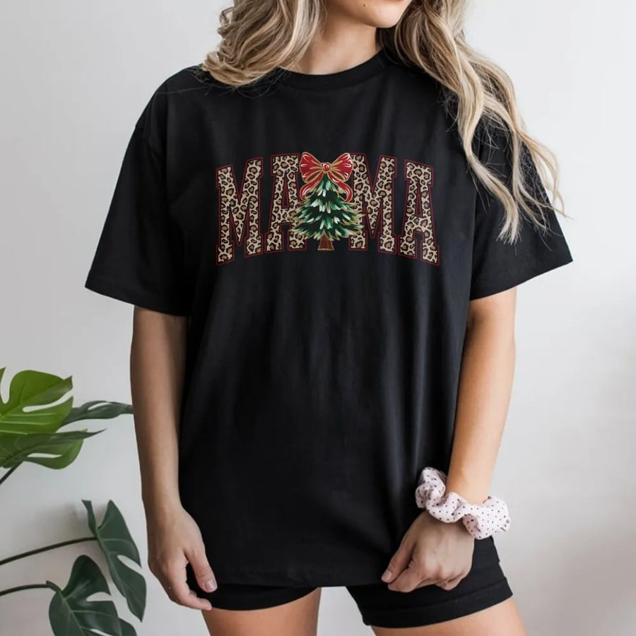 Mama Leopard Print T-Shirt | Christmas Tree Holiday Graphic | Premium Cotton Unisex Tee | Cute Mom Gift for Holiday Season