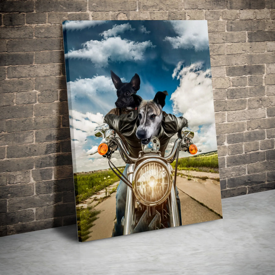 Dogs Riding Motorcycle Canvas Wall Art | Funny Biker Dogs in Leather Jackets | Gallery Wrap Premium Print | Unique Pet Lover Gift Decor