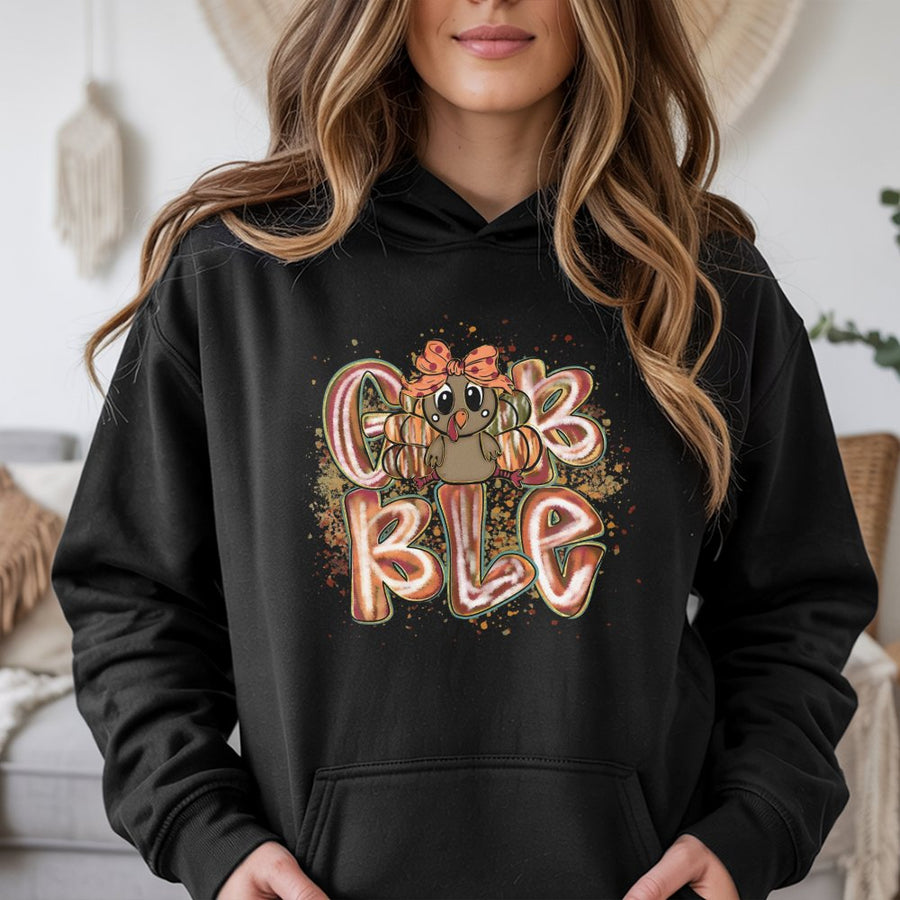 Gobble Turkey Hoodie | Cute Coquette Bow Fall Graphic | Soft Cotton-Blend Premium Pullover | Thanksgiving Outfit Gift for Women