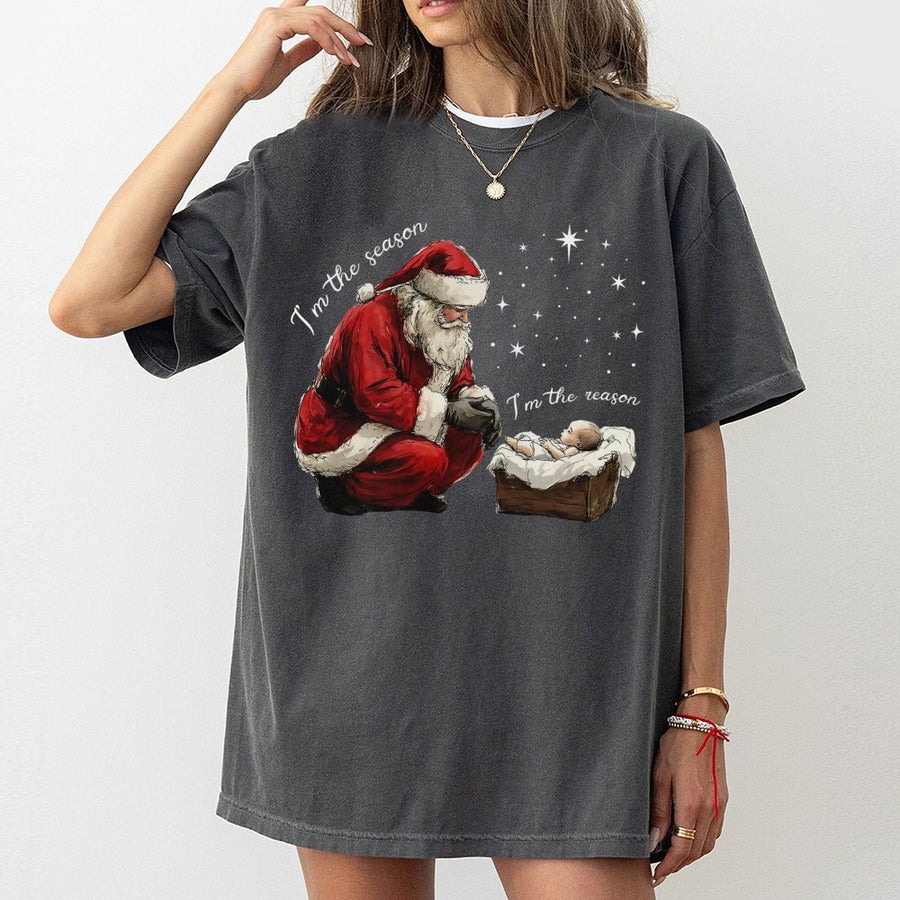 Religious Christmas T-Shirt | Santa Kneeling Before Baby Jesus Design | Premium 100% Cotton Apparel | Faith-Based Holiday Gift for Christian Men Women