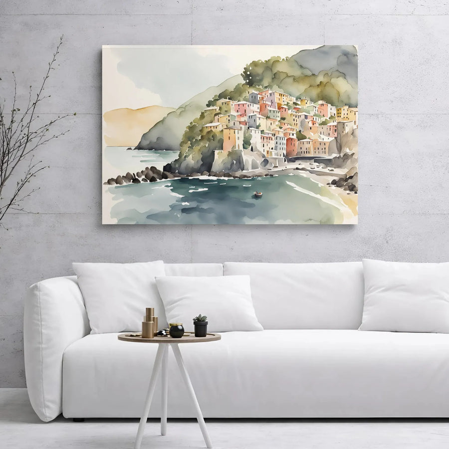 Italian Coastal Village Canvas Print | Watercolor Mediterranean Seaside Landscape | Premium Gallery Wrap Wall Art | Travel Home Decor Gift
