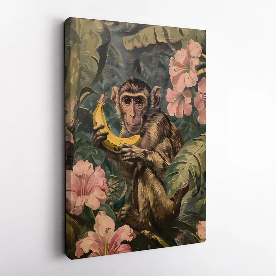 Vintage Monkey Canvas Wall Art | Tropical Jungle with Pink Flowers | Premium Gallery Wrapped Canvas | Eclectic Home Decor Art Gift